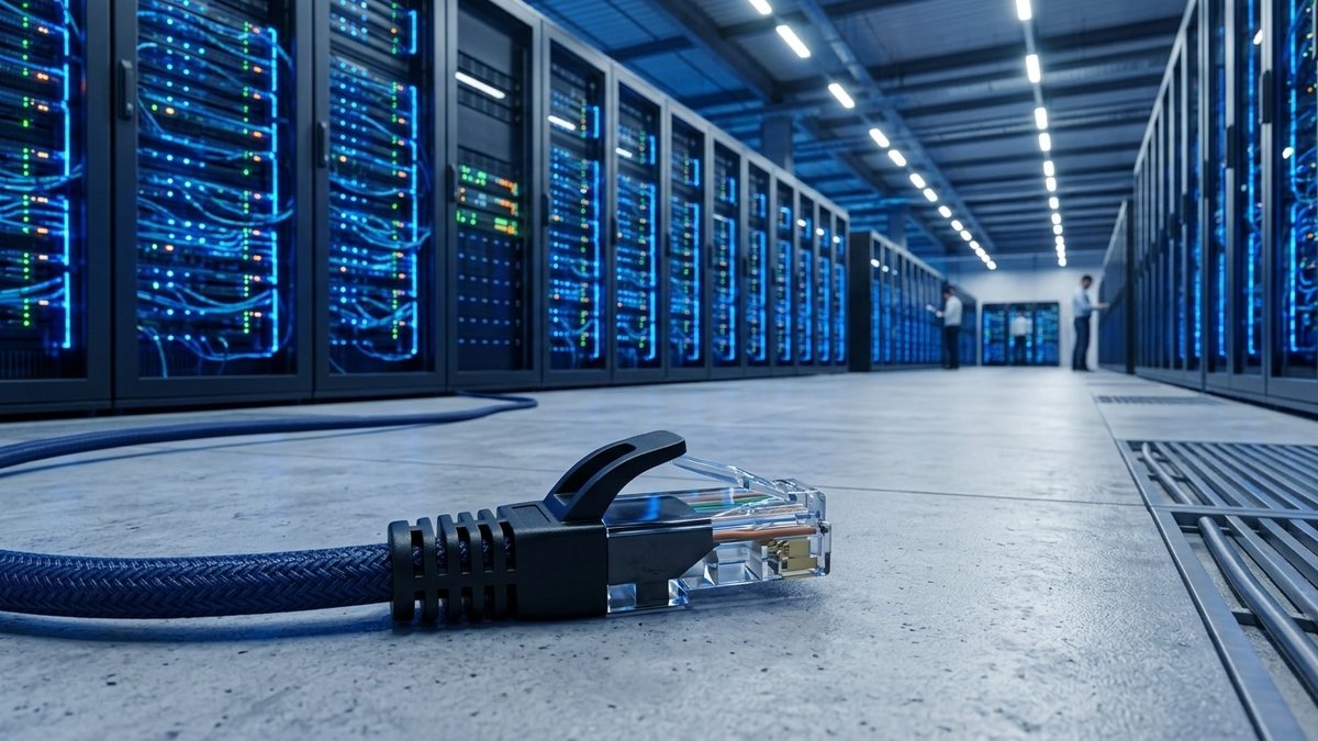 Cable de red desconectado en el piso de un centro de datos, frente a filas de servidores encendidos