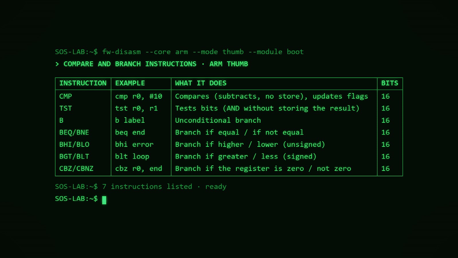 Old-style terminal screen, green text on a black background, listing compare and branch instructions of an ARM processor: CMP, TST, B, BEQ/BNE, BHI/BLO, BGT/BLT and CBZ/CBNZ