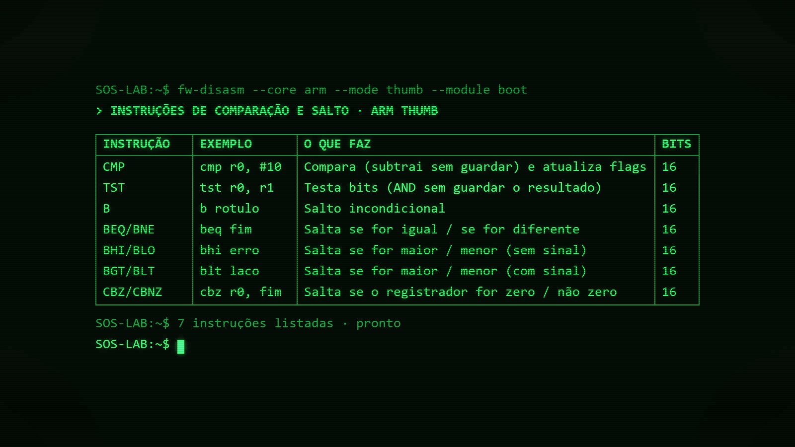 Tela de terminal antigo, com texto verde sobre fundo preto, listando instruções de comparação e salto de um processador ARM: CMP, TST, B, BEQ/BNE, BHI/BLO, BGT/BLT e CBZ/CBNZ