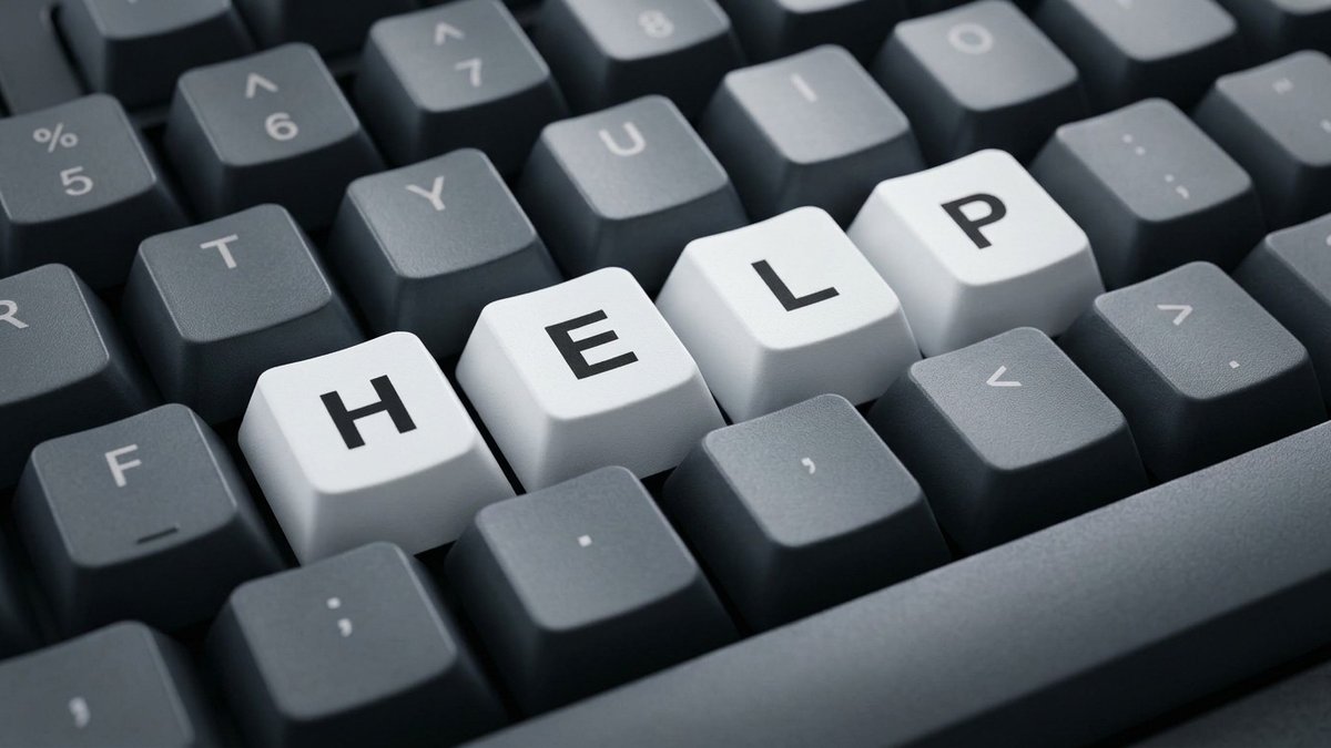 Teclado con las teclas H, E, L y P resaltadas en blanco, que forman la palabra HELP (ayuda)
